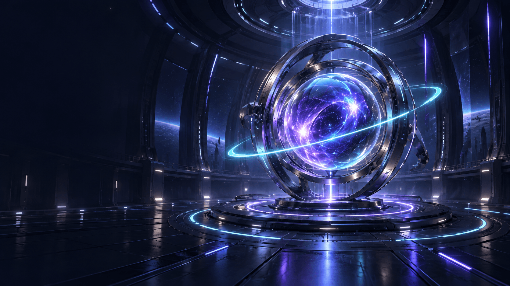 Orbital energy core inside a futuristic launch chamber